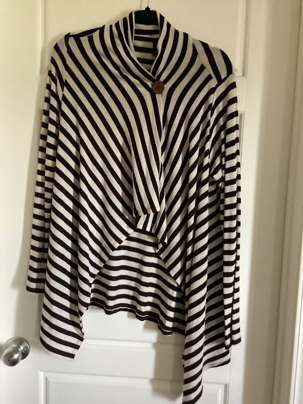 Bobeau Black and White Striped Asymmetrical Cardigan with Top Button